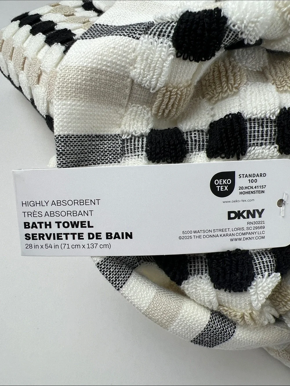DKNY Maya Bath Towels Checkered Black Tan White 100% Cotton Set of 2 NEW